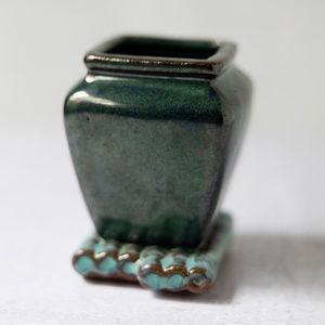 Green glazed pottery ceramic planter square urn bamboo Asian vintage 3.5 inches